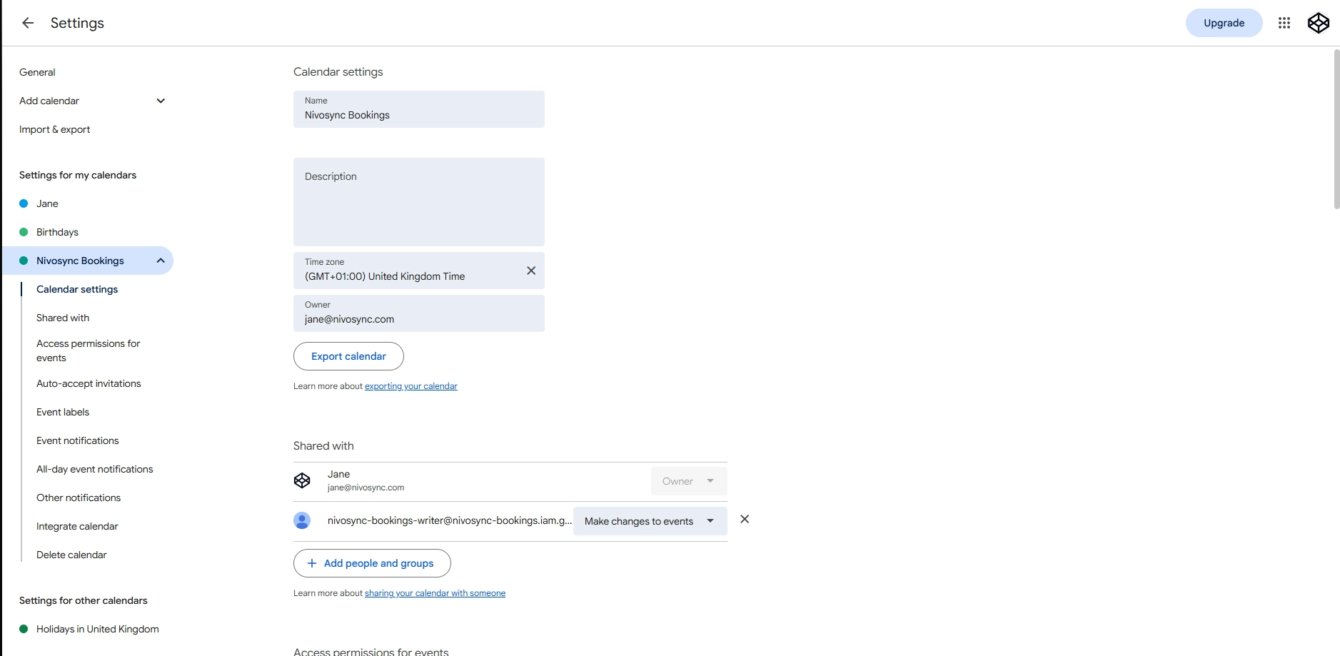 Google Calendar share dialog with a Service Account email pasted and the 'Make changes to events' permission selected
