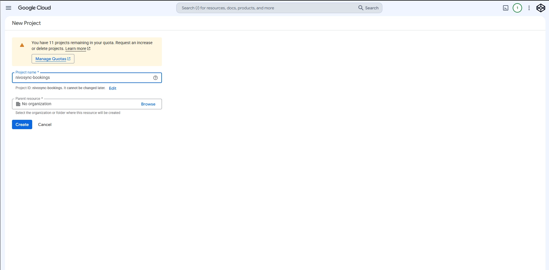 Google Cloud Console New Project dialog with a project name 'nivosync-bookings' filled in