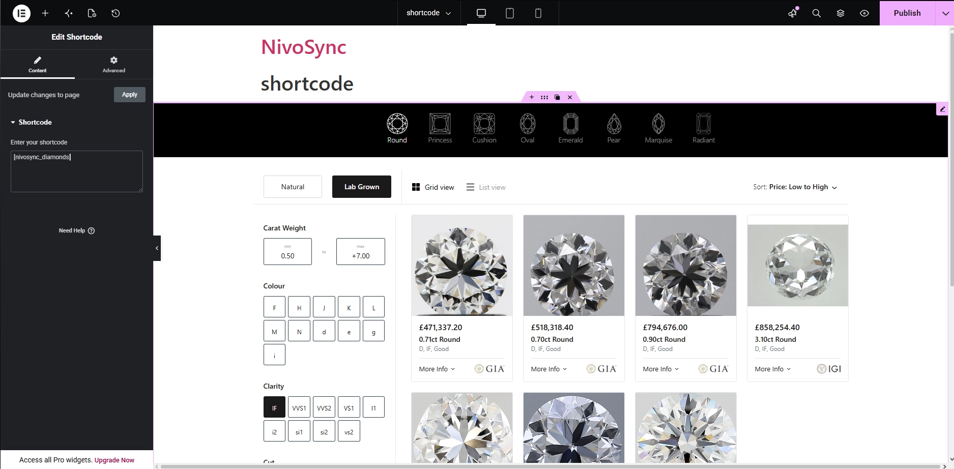 The Elementor editor with the NivoSync Diamond Catalogue widget placed on a page and its Content controls open in the left panel