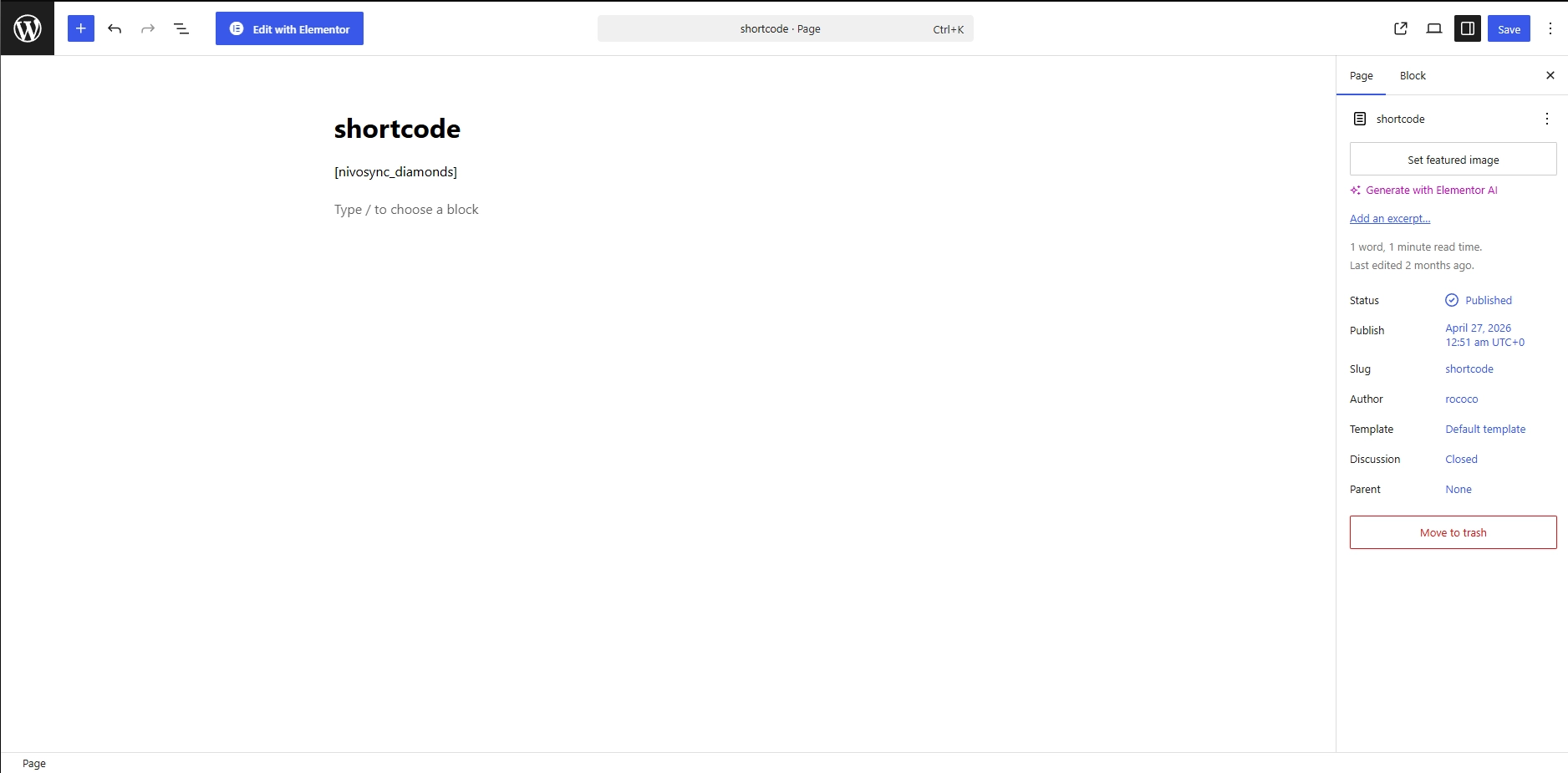 Gutenberg editor with a new page titled Diamonds containing a single [nivosync_diamonds] shortcode block