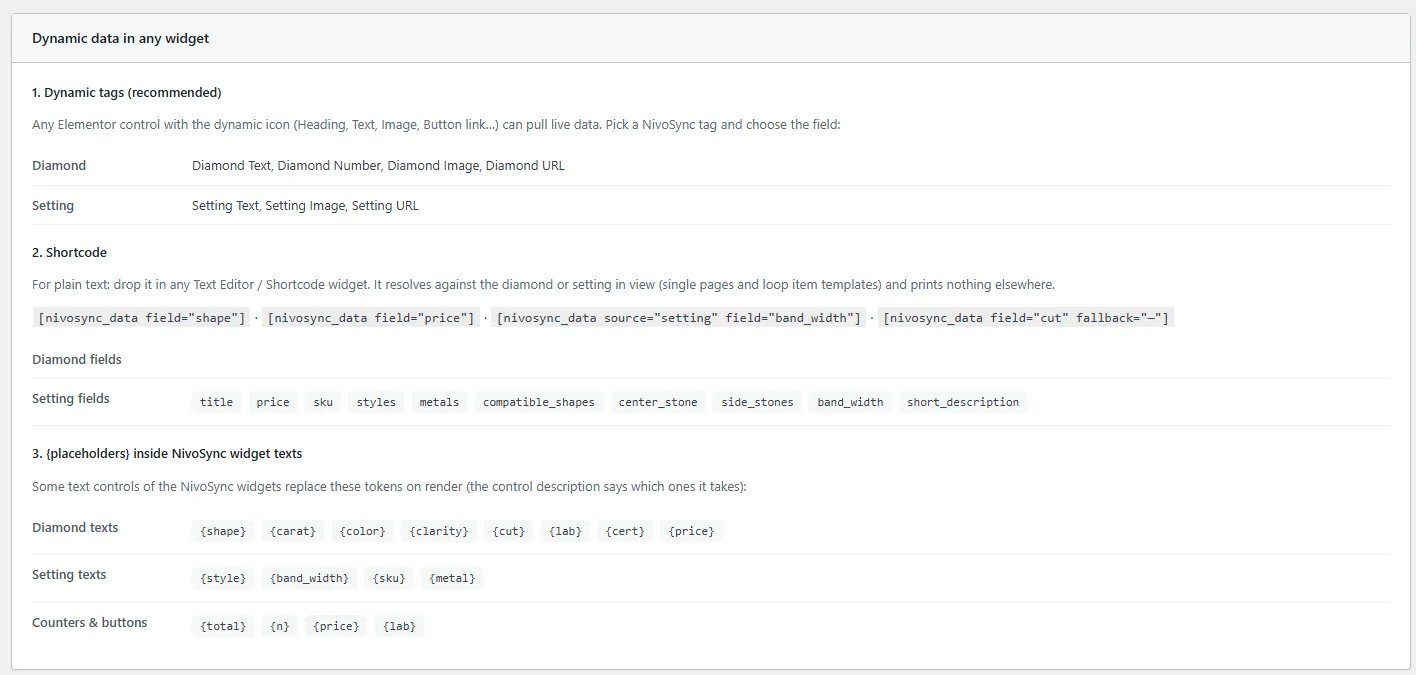 The Dynamic data reference card inside the WordPress admin