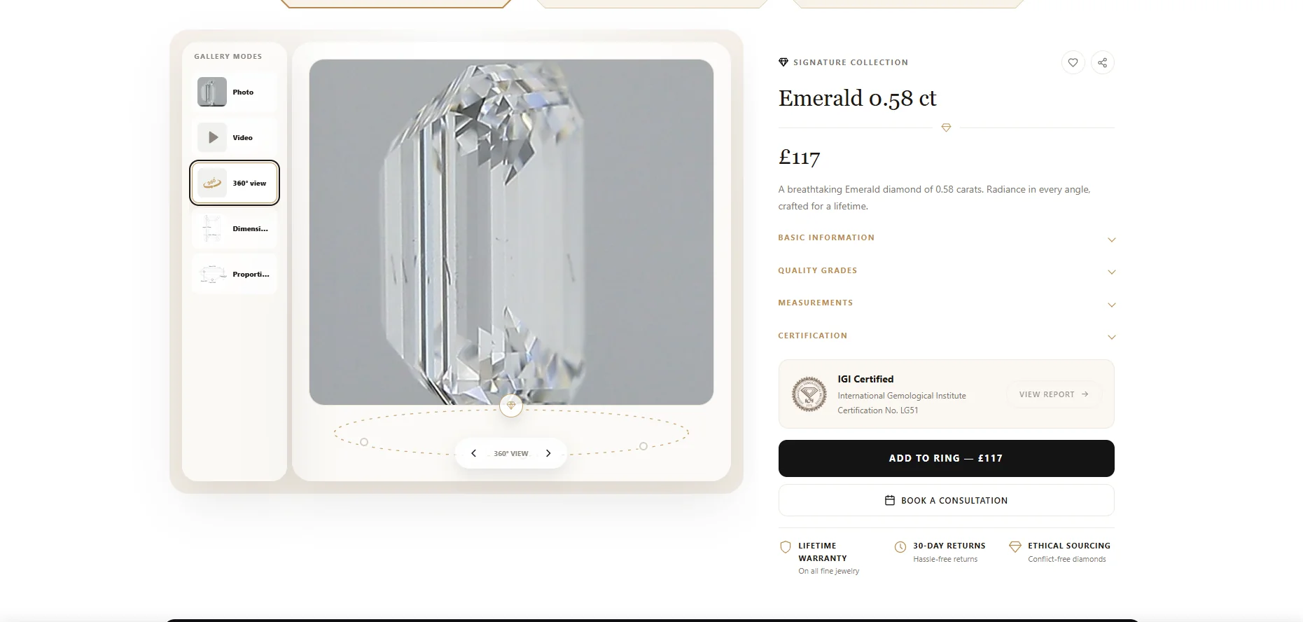 The 360-degree viewer active inside the Diamond Gallery