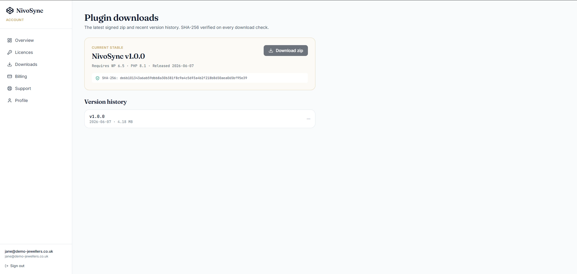 The NivoSync customer portal Downloads page showing the latest plugin zip ready to download