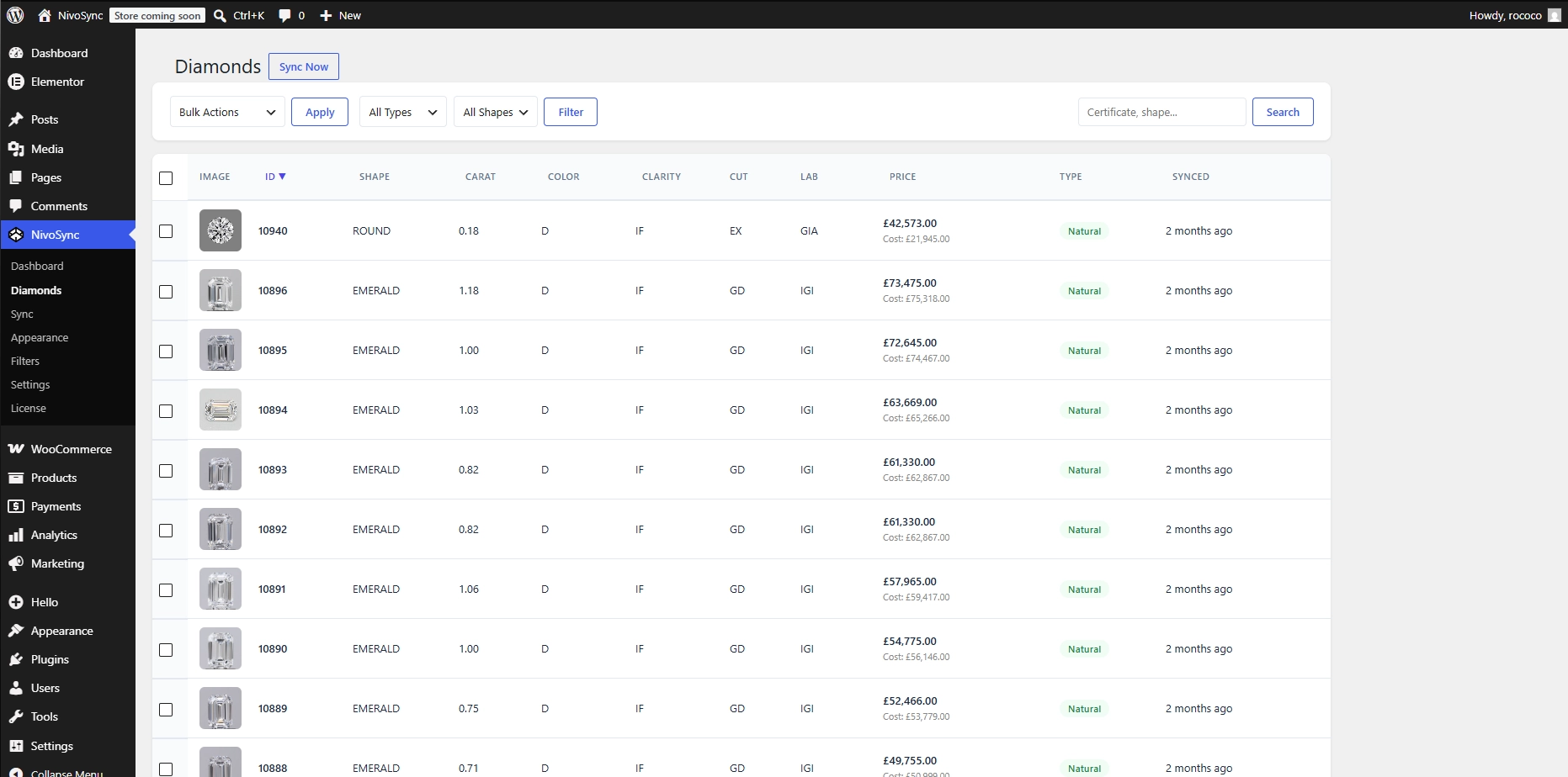 The NivoSync Diamonds admin table populated with inventory after the first successful sync