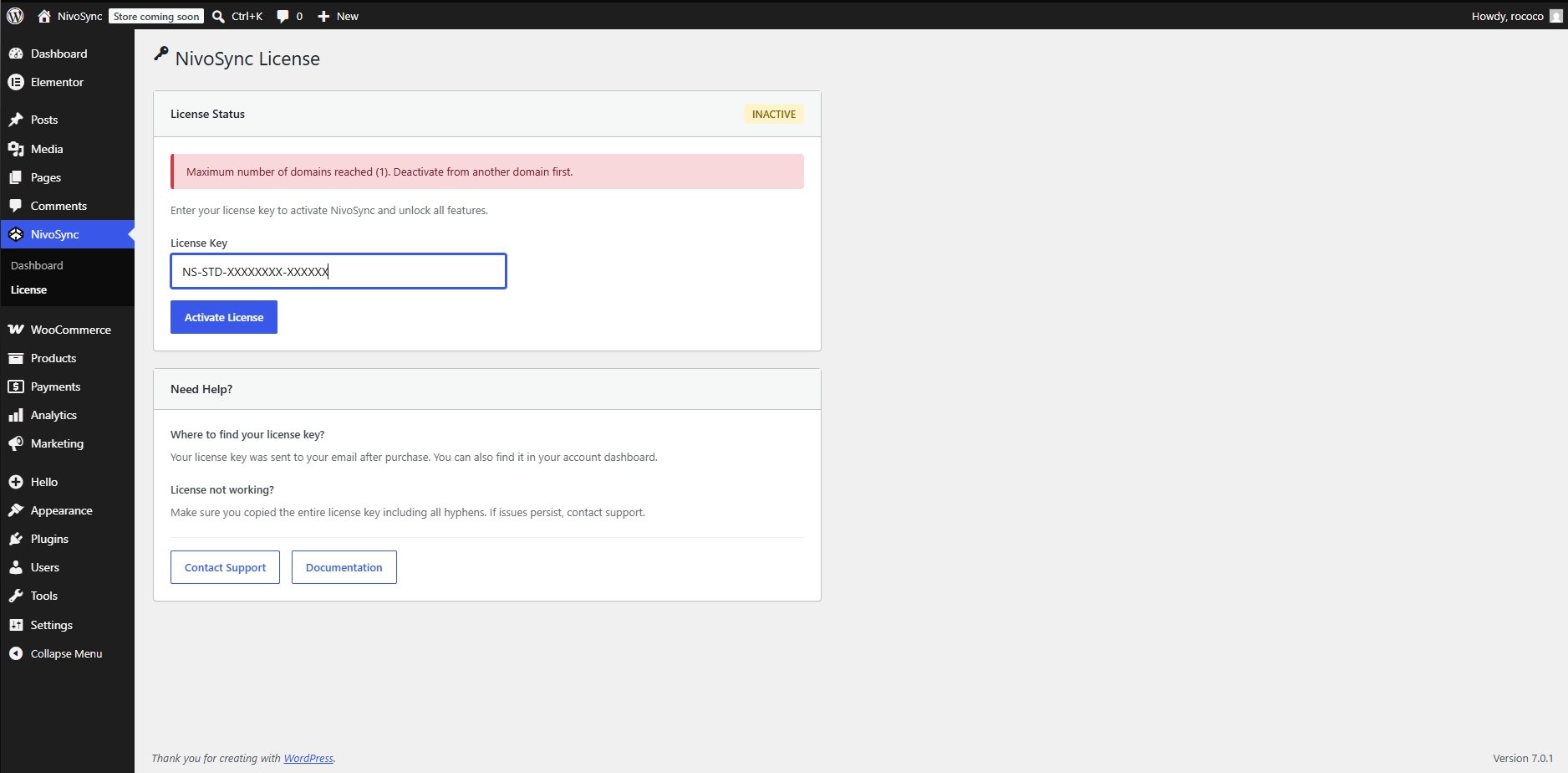 The Licence page in its error state after a domain-mismatch rejection, with the red banner and the suggestion to deactivate from the other domain