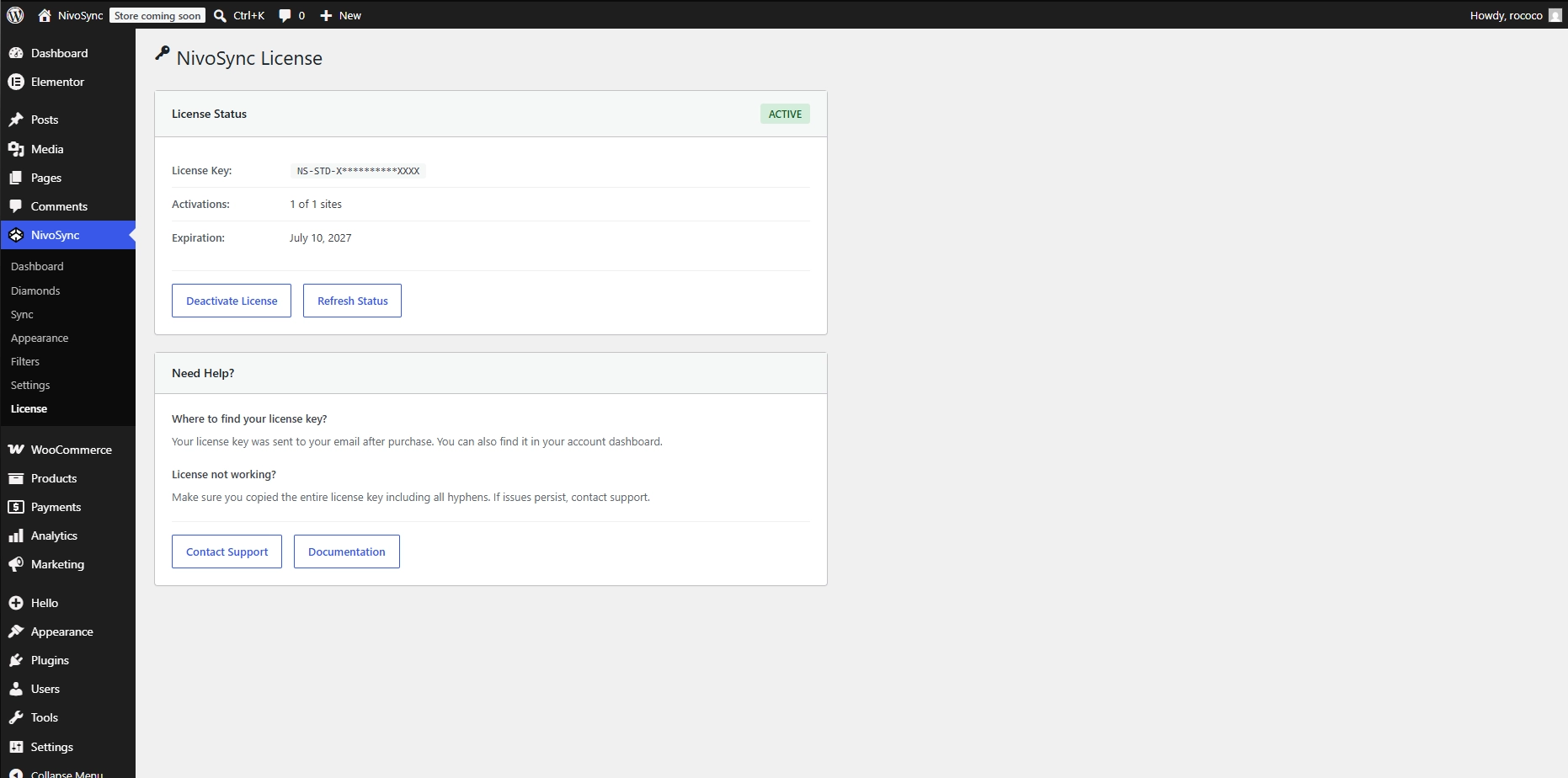 The Licence page after successful activation, showing the active licence details, tier badge, and expanded sidebar menu