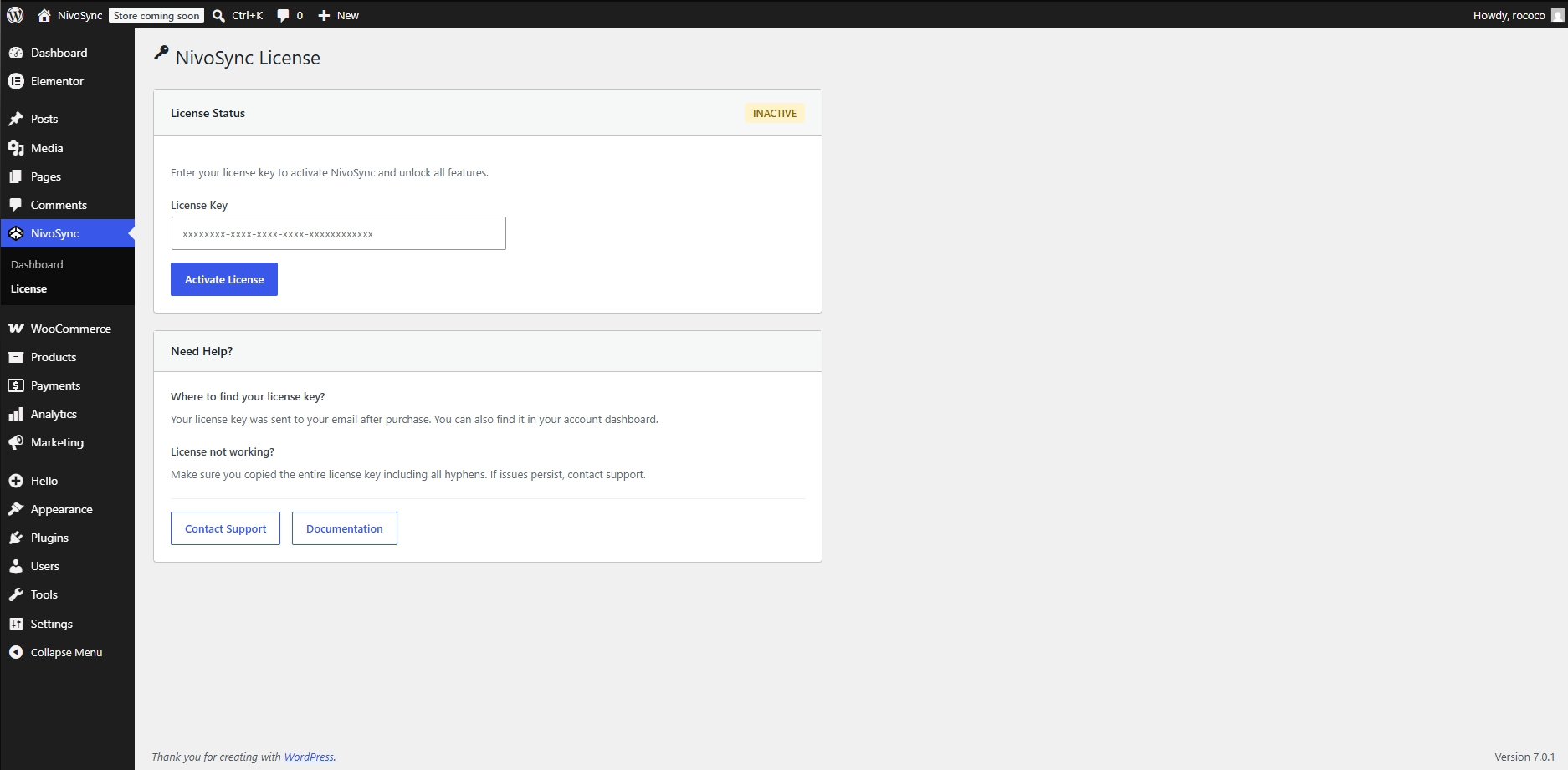 The NivoSync Licence admin page in its empty state — single licence key input with an Activate button