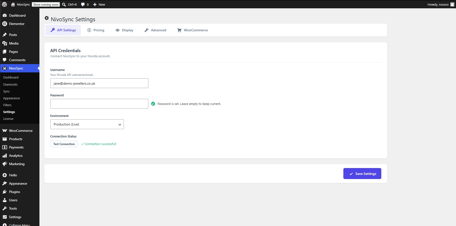 The Nivoda credentials section with a green Connection verified badge and meta info about the cached API token