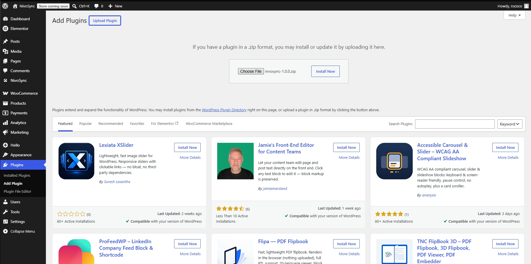 WordPress Add New Plugin page with the Upload Plugin form open and nivosync.zip selected, ready to install