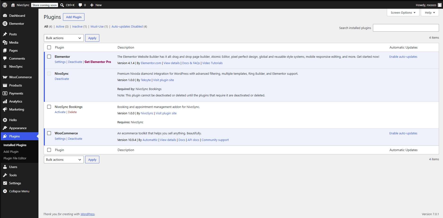 WordPress admin showing the post-activation NivoSync welcome notice and the new sidebar entry with an attention indicator