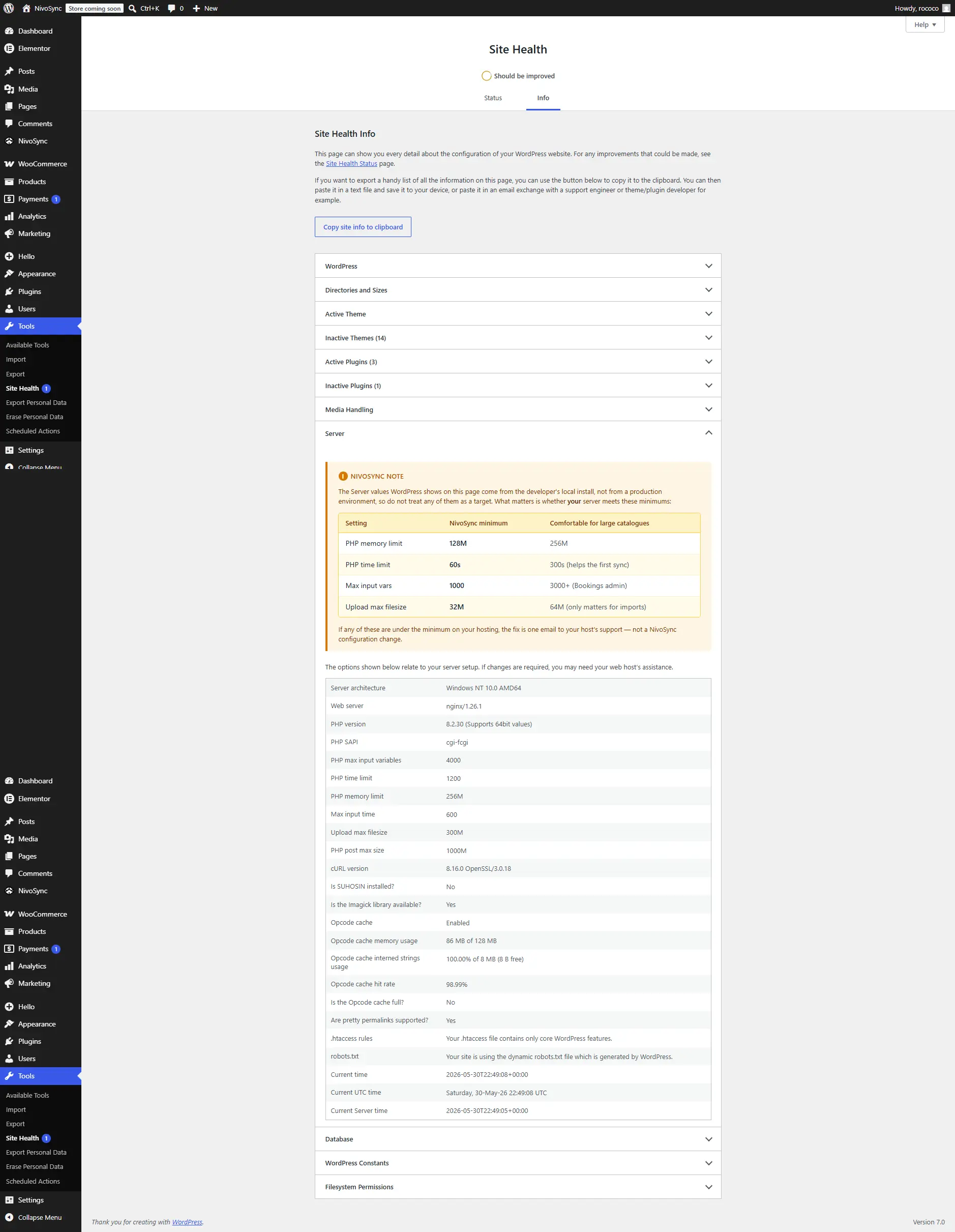 WordPress Site Health Info tab showing the Server and Database sections expanded, with PHP version 8.2 and MySQL 8.0 visible