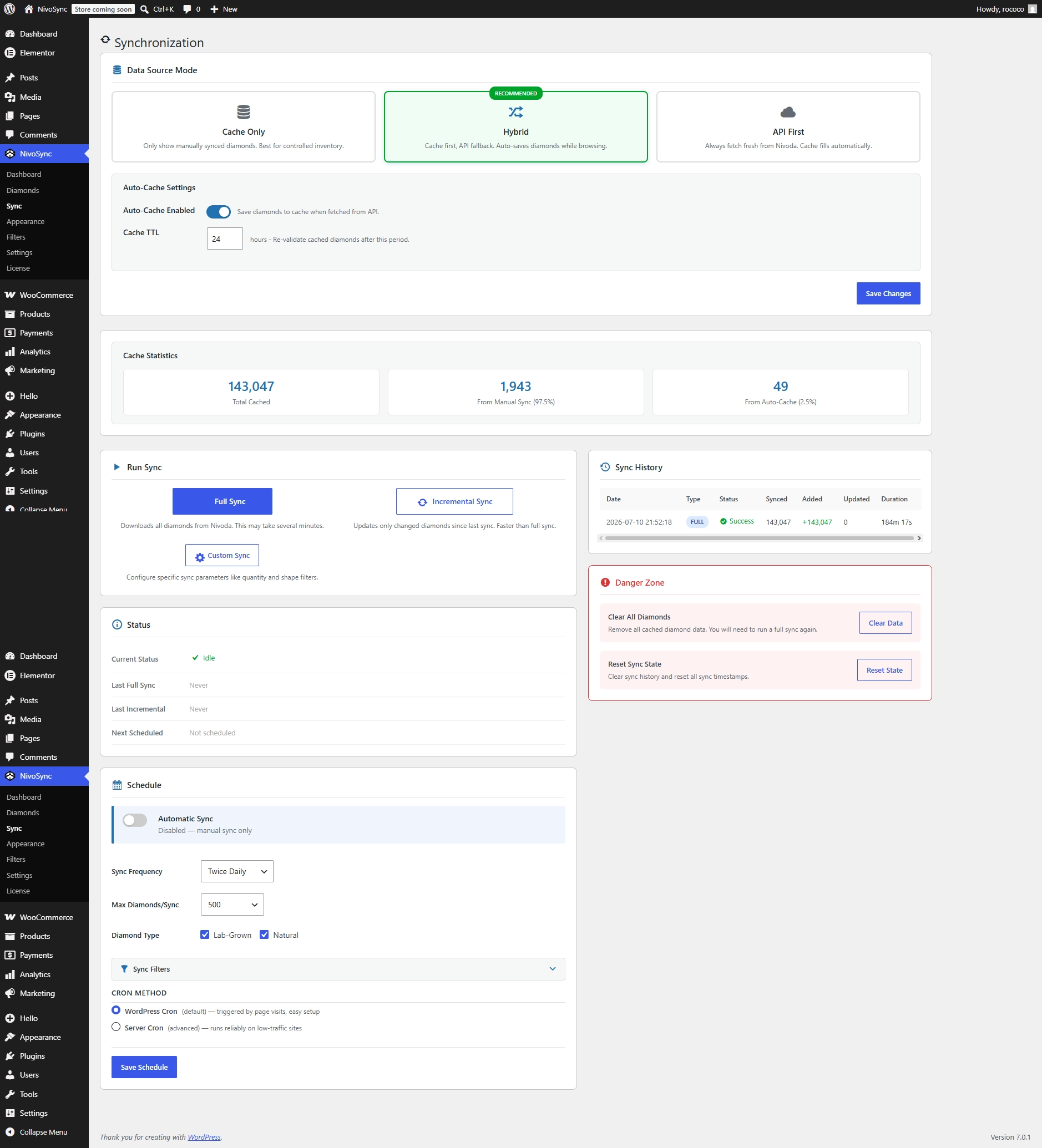 The Sync page after a successful first full sync, with a green completion banner and a summary of diamonds added, updated, removed, and errors