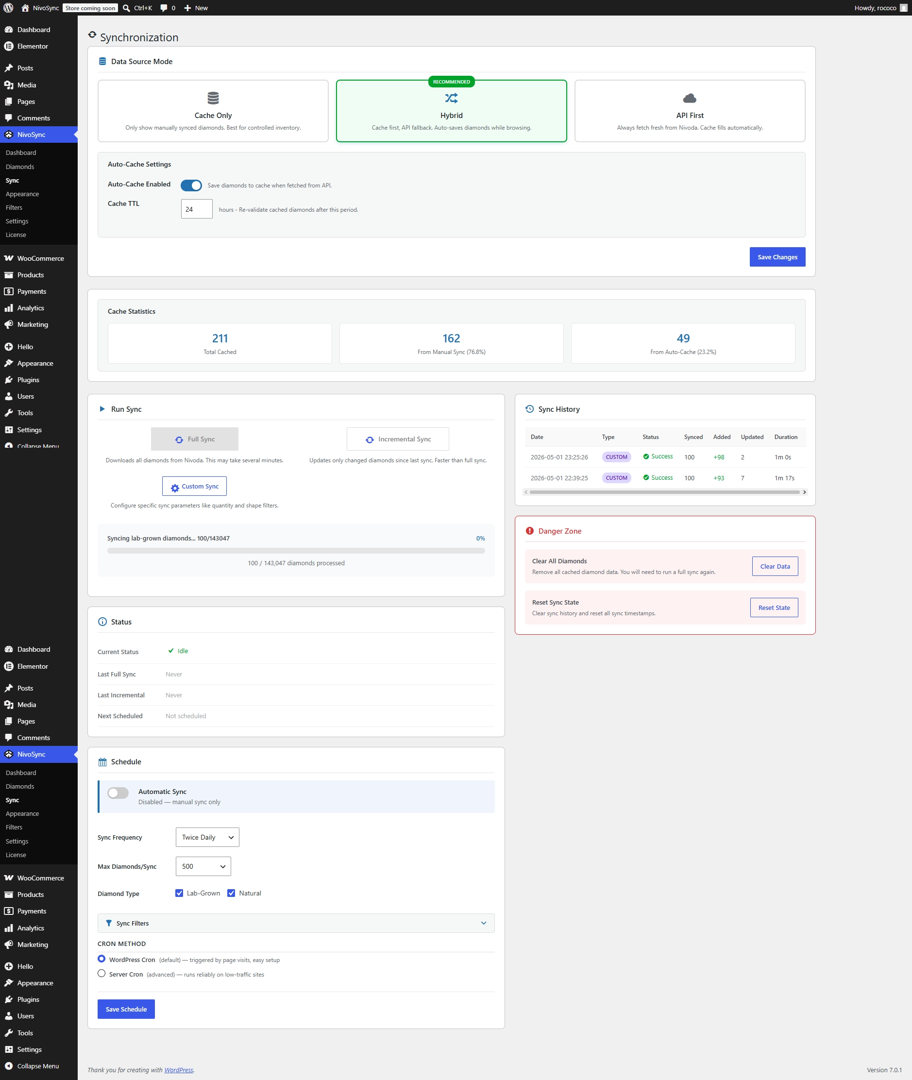 The Sync admin page during an active sync, showing a half-full progress bar, the diamond count, throughput, and a live log feed