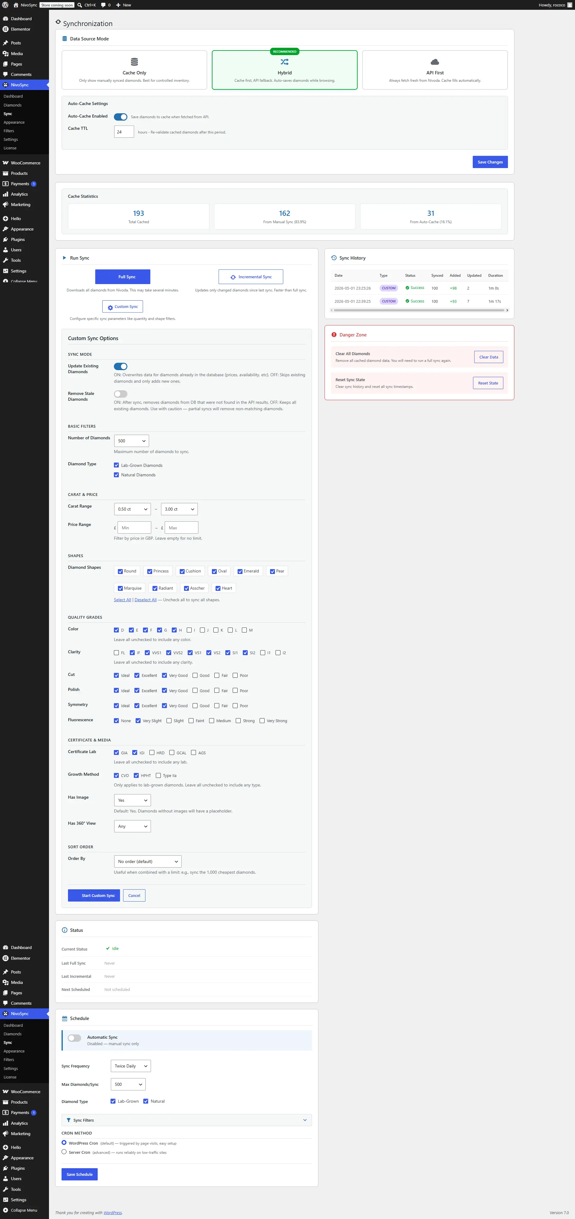The NivoSync admin dashboard after first-time setup, showing sync status, diamond count and recent activity